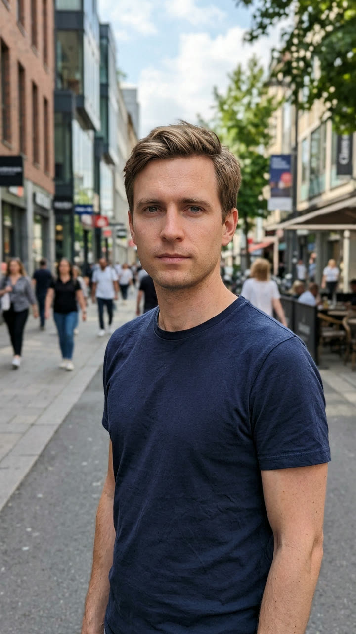 Actual input portrait: one adult in a navy T-shirt, with the face and upper body visible